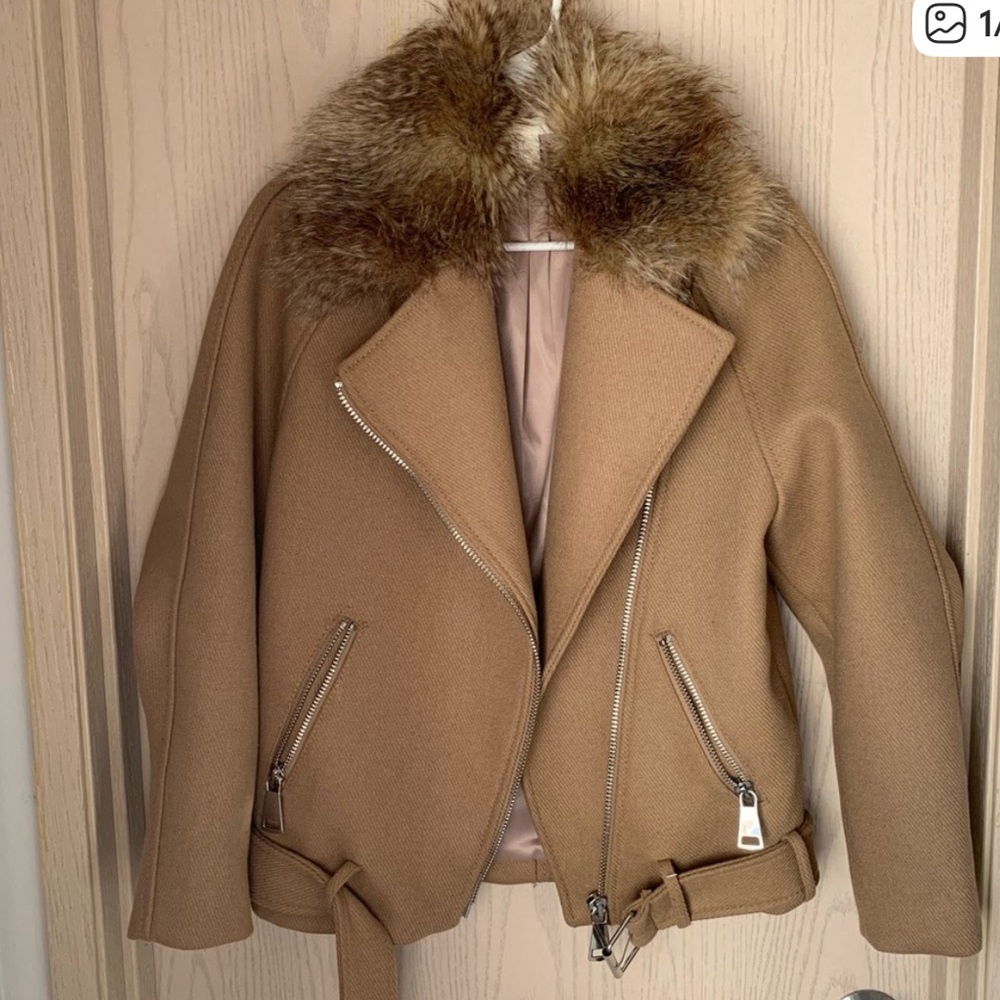 NEW H&M OVERSIZED MOTO WOOL BLEND JACKET IN TAN SZ 2 - Picture 4 of 5